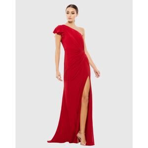 NWT IEENA FOR MAC DUGGAL Red Ruffled One Shoulder Draped Gown Sz 10